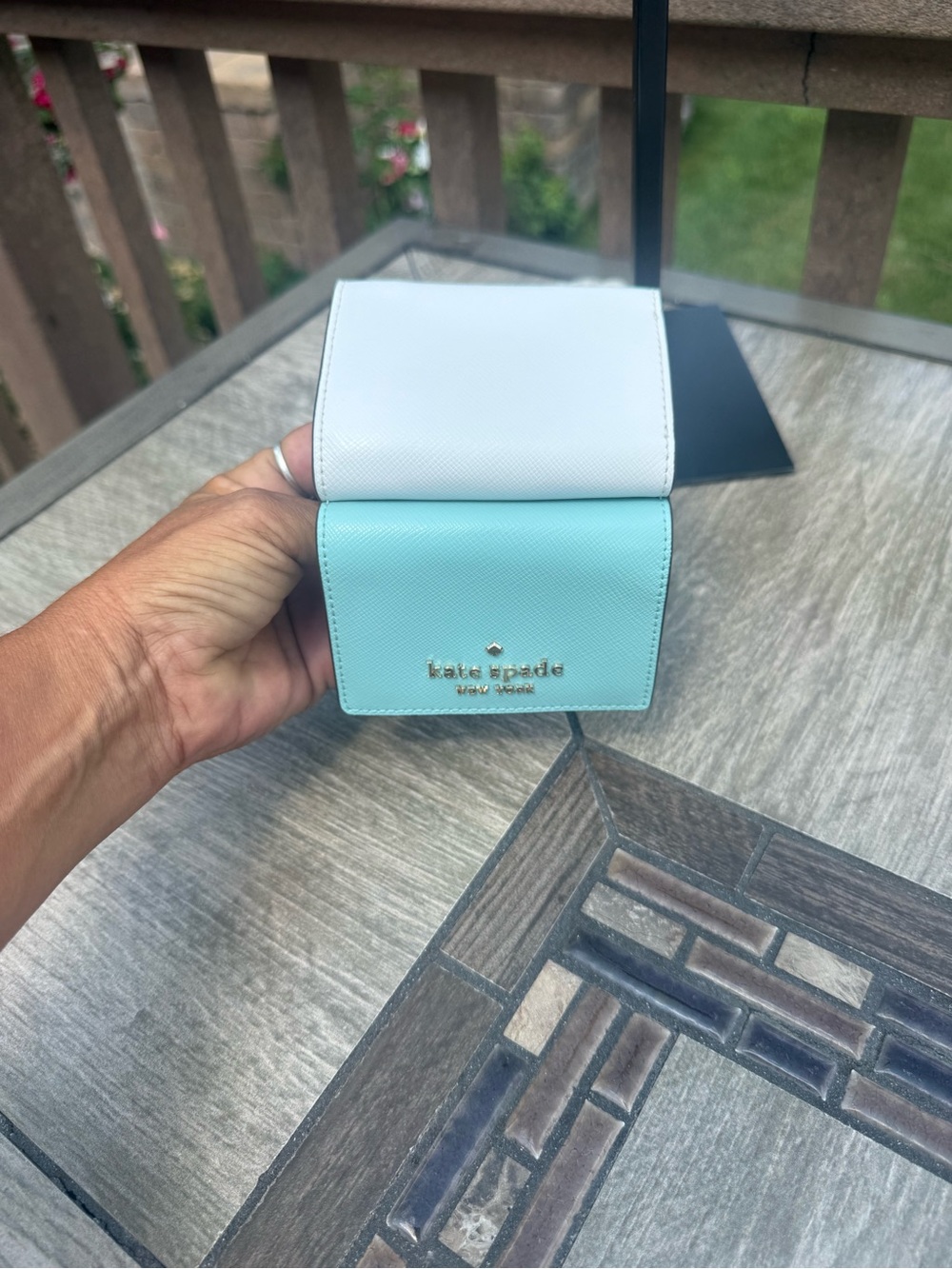 NWOT Kate Spade Teal and White Staci Colorblock Micro Trifold Wallet - Picture 10 of 10